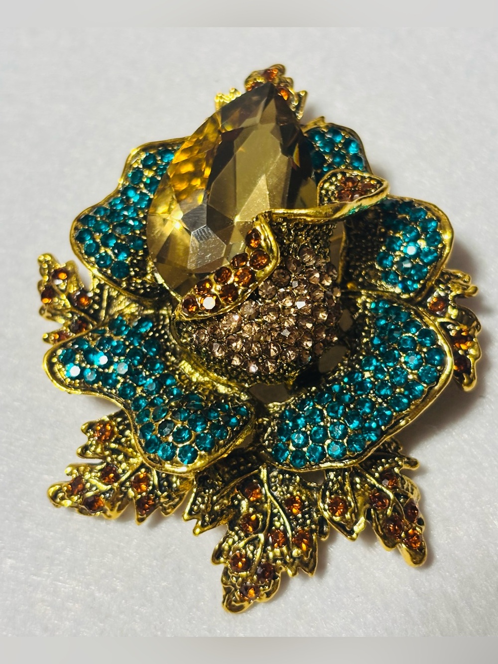 Large Jeweled Floral Brooch – Teal, Amber & Champagne Rhinestones